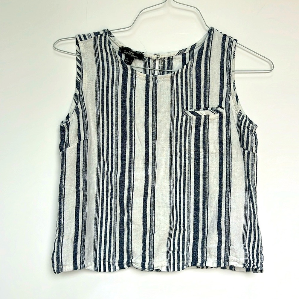 Orchid Flower Crop Top Size S White Blue  Atraight Boxy Fit Linen Cotton Blend